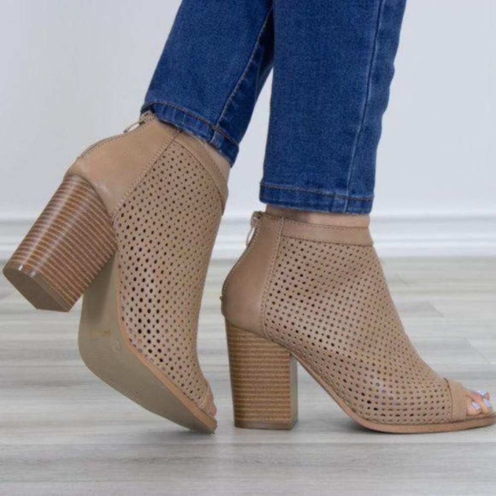 Taupe Perforated Heeled Open Toe Ankle Boots - Picture 3 of 9